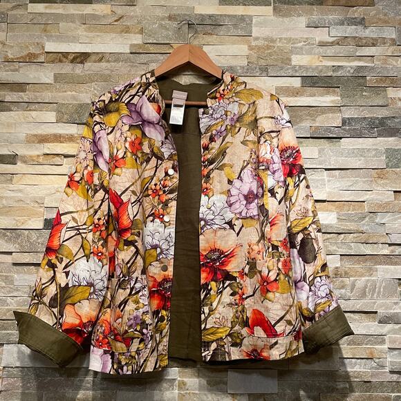 Chico’s Reversible Linen Jacket | 1 M, Fall Floral & Olive Green Capsule Piece - Picture 3 of 11